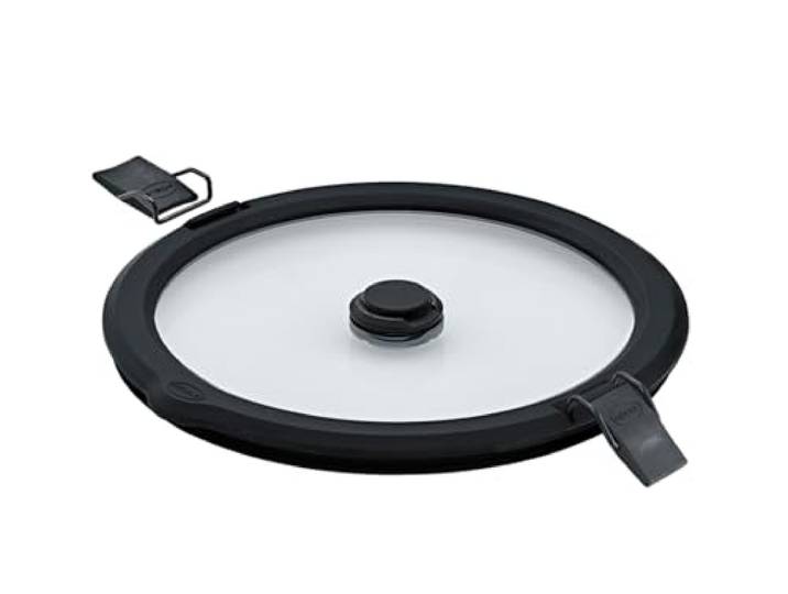 RÖSLE Vakuumdeckel FLEXX 2GO 1,4 L rund mit Clips Sicherheitsglasdeckel mit Silikonrand und Vakuumventil für aromadichtes Verschließen kompatibler FLEXX 2GO Behälter