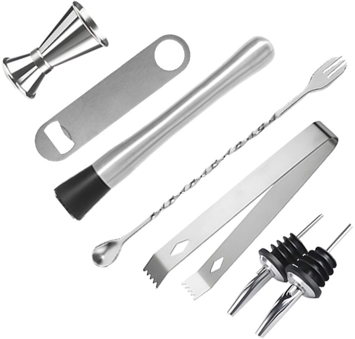 INF Ensemble d'outils de bar pour cocktails 7 pièces en acier inoxydable - pilon, gobelet doseur, fourchette intégrée, 2 becs