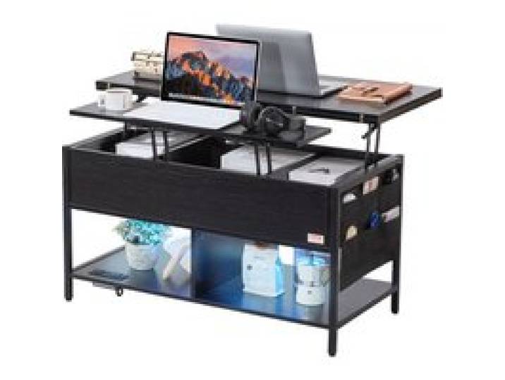 VEVOR Table basse avec plateau relevable, 1000 mm, table basse de salon rectangulaire avec poche de rangement supplémentaire, table basse rabattable avec multiprise, USB, éclairage d'ambiance, noir