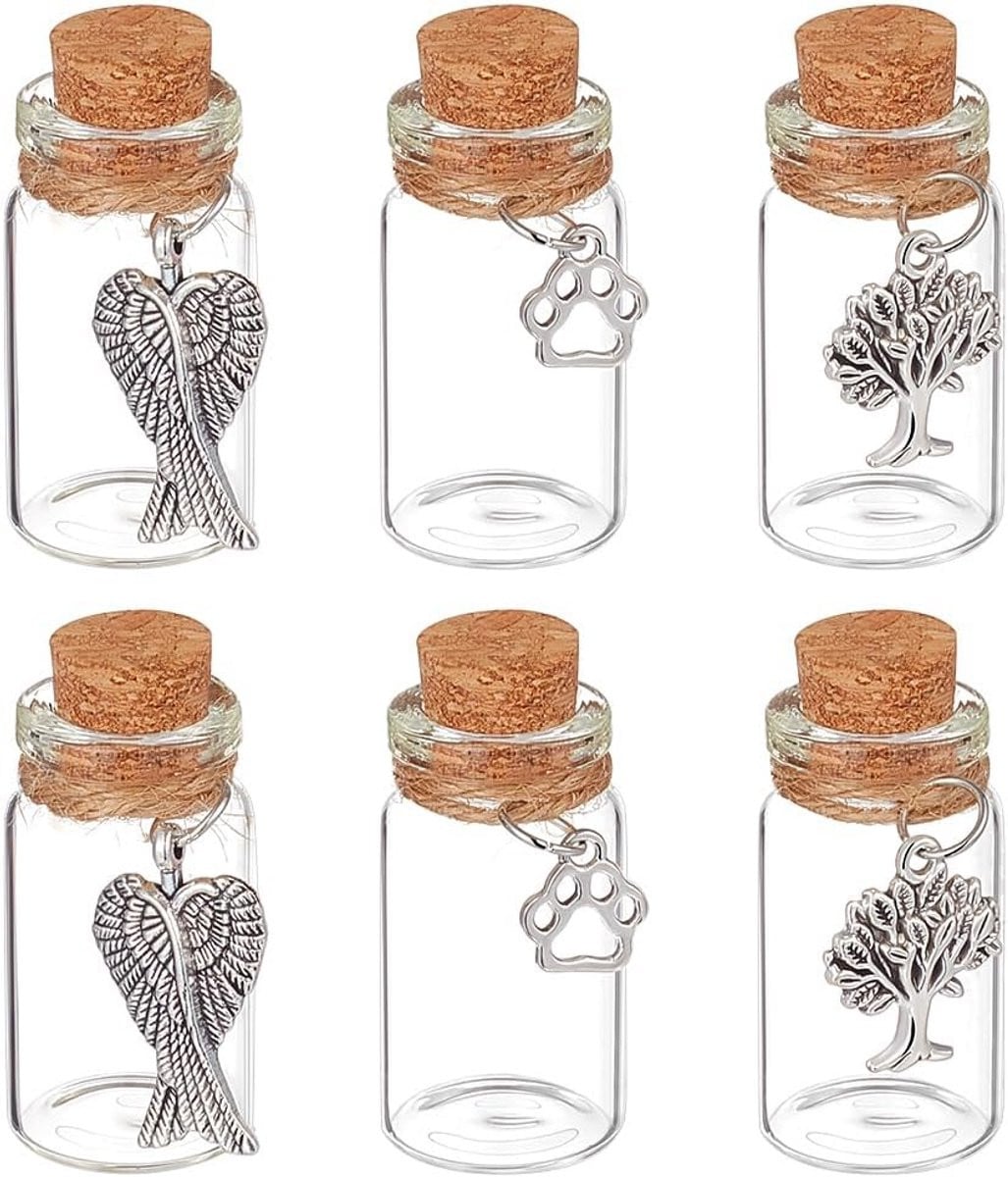 Set van 6 transparante glazen herdenkingsflesjes voor huisdieren, Hoogte: 4 cm