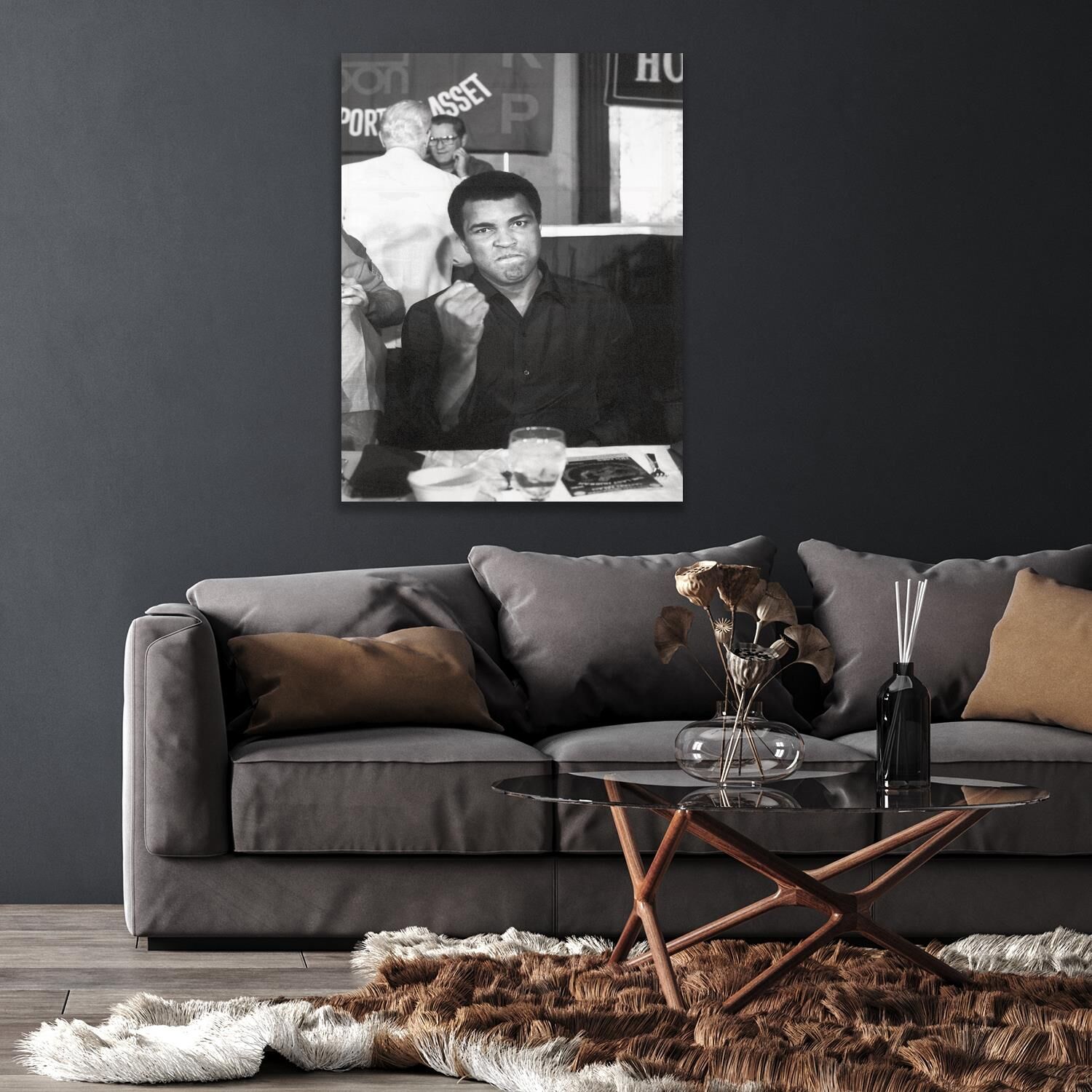 Acrylglasbild QUEENCE "Muhammad Ali", grau (farbe bild(er): grau), B:50cm H:70cm T:0,4cm, Bilder, Acrylglasbild, Fine Art-Print in Galeriequalität farbe bild(er): grau B/H/T: 50cm x 70cm x 0,4cm, Acrylglasbild Mann Schwarz-Weiss Stars Hochformat