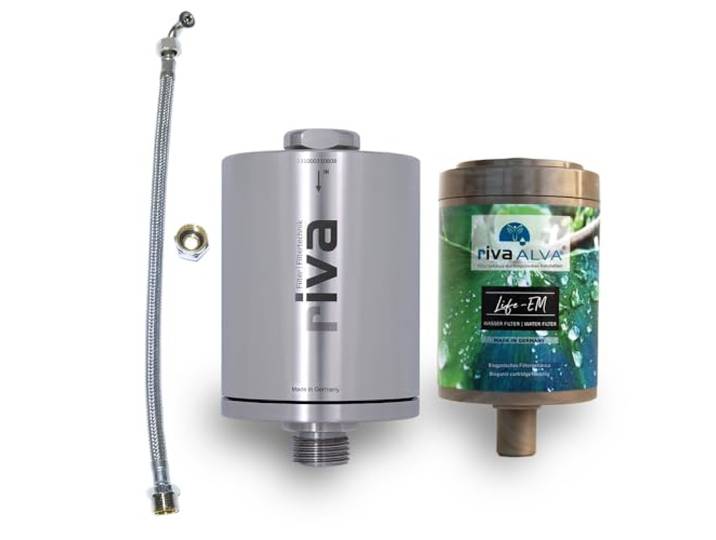 rivaALVA Life EM Edelstahl Wasserfilter Set - Trinkwasserfilter mit Blockaktivkohle, EM-Keramik, bioganischem Kartuschengehäuse und Anschlussset