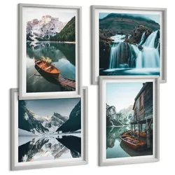 BILDER SET 4er Set - 50x50 cm & 40x60 cm Silberner Rahmen - Spiegelung der Boote auf Bergseen