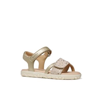 Sandale GEOX "J SANDAL HAITI GIRL", Mädchen, Gr. 34, Synthetik, gold (goldfarben), Leder, Lederimitat, Glitzermuster, Schuhe Sandale, Sandale mit Fersenriemen, Größenschablone zum Download