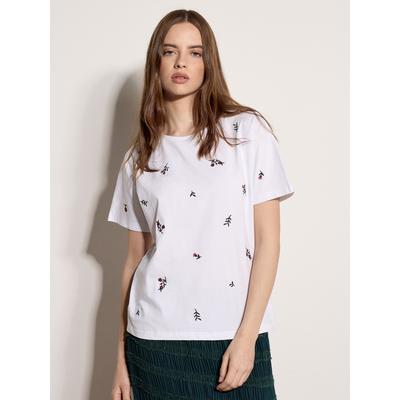 T-Shirt APRICOT "Floral besticktes Baumwoll-Shirt", Damen, Gr. XS (34), weiß, gewebt, Obermaterial: 94% Baumwolle CO. 6% Elasthan EL., uni, Modisch, Normale Länge, Ärmelbündchen, Shirts T-Shirt