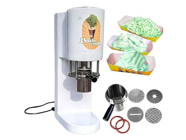 Spaghetti Eis Maschine 80W Spaghettieis Presse Edelstahl, Eiscreme Maschine klein mit 4 Aufsätzen, Softeismaschine für Zuhause Gastronomie, Ice Cream Maker für Dessert Buffet Catering Events