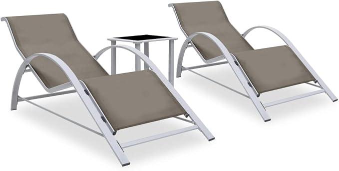 Sonnenliegen 2er Set mit Tisch, Gartenliegen Aluminium Textilene Ergonomisch, Gartenmöbel Set für Terrasse Balkon, Liegen Taupe und Beistelltisch Schwarz Silber