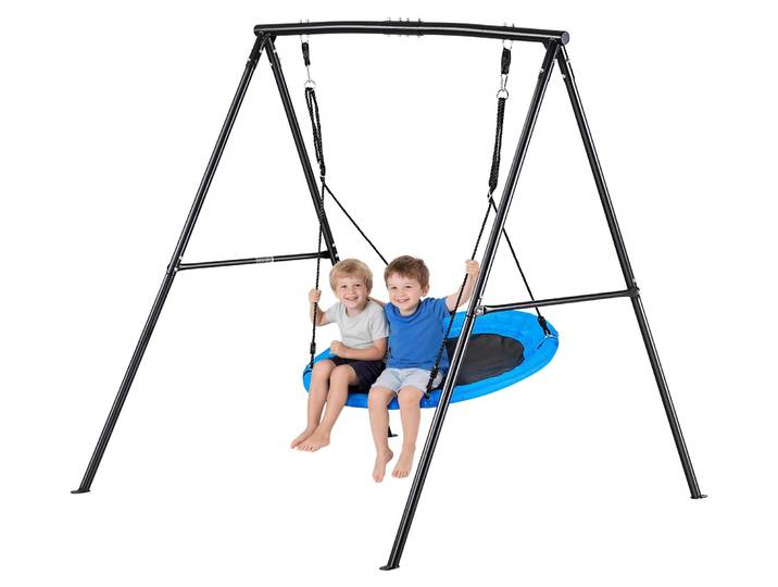 Balançoire de jardin VEVOR avec structure métallique en A\, siège de balançoire (101\,6 cm)\, capacité de charge jusqu'à 199\,6 kg\, ensemble de balançoire d'extérieur\, renforcée par des ancrages au sol en spirale\, balançoire à assise plate noire et bleue