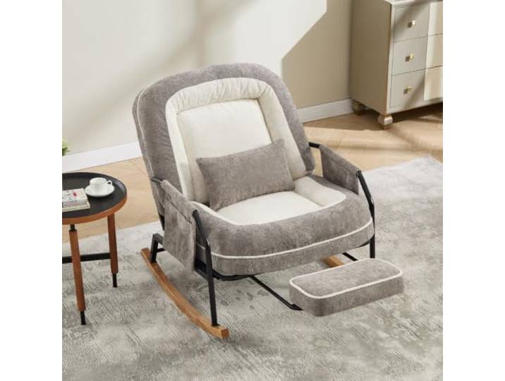 I0I&I0I Schaukelstuhl Mit Fußstütze, Verstellbarer Rückenlehne, Polsterung, Seitentasche Für Innen Und Außen (Light Grey + Faux fur + Foam)