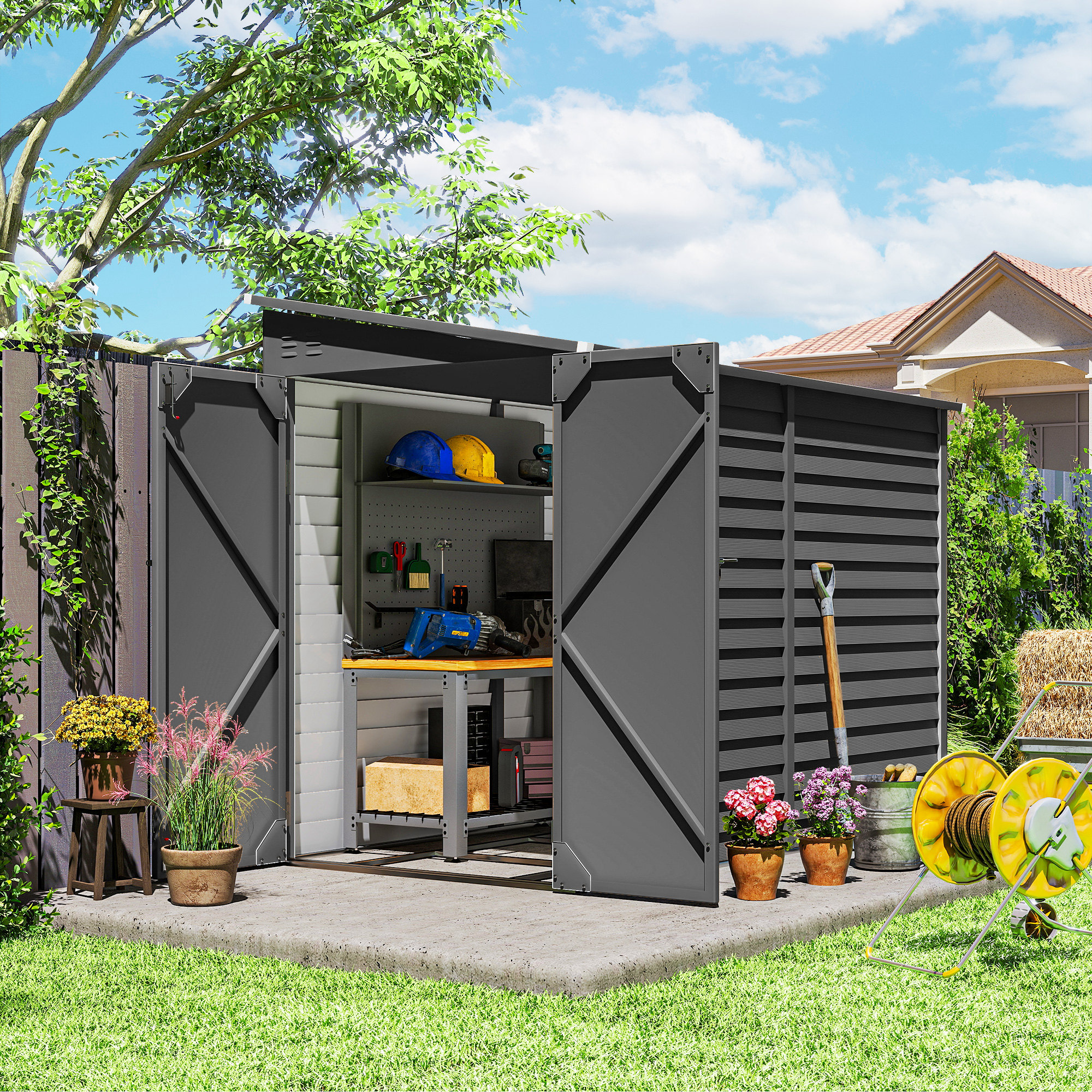 Outsunny Casetta attrezzi in metallo 3,5 m², 143x270x202 cm, tetto a falda, doppia porta e kit fondazione   Aosom Italy