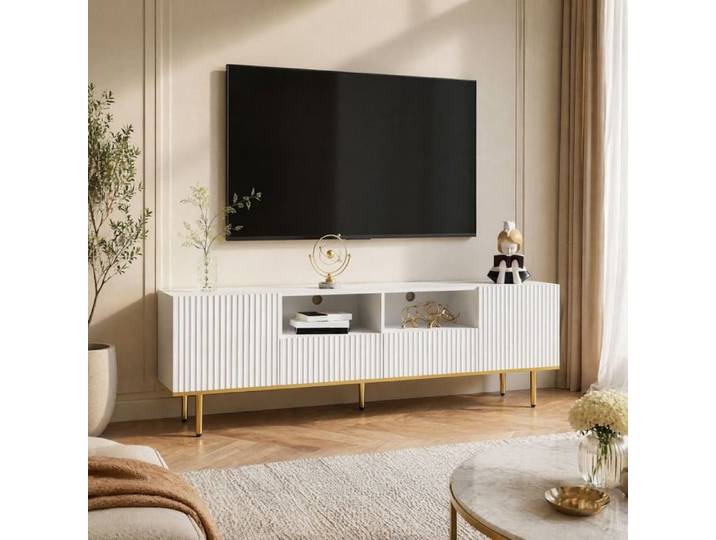 Meuble TV 165 cm 2 Portes 2 Tiroirs et 2 Niches Ouvertes - YEAVIO - Blanc et Or pour Salon 165×36×55 cm