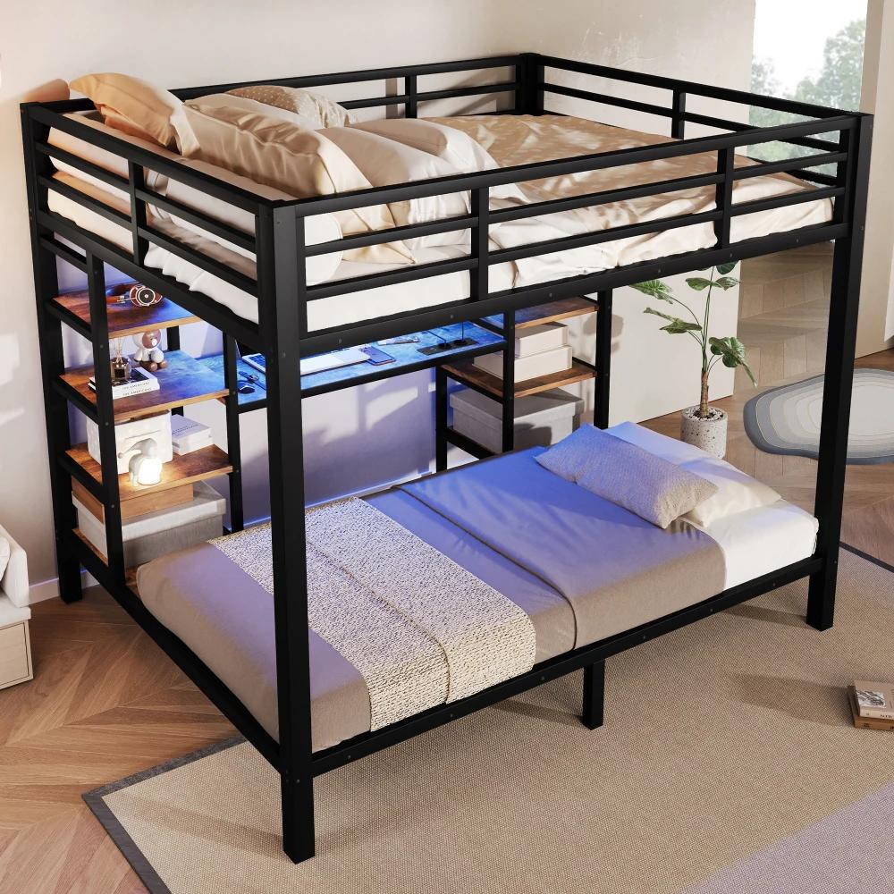 Etagenbett - Metall- und MDF-Gestell - 90 x 200 cm + 140 x 200 cm - Stauraum - Schwarz - Matratzen nicht enthalten