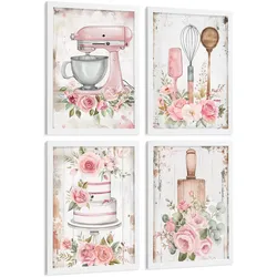 POSTER 4er Set Rosa Backkunst Wandbilder Küchenmaschine Torte Utensilien Blumen Shabby Chic Küche Deko Weißer Rahmen A3