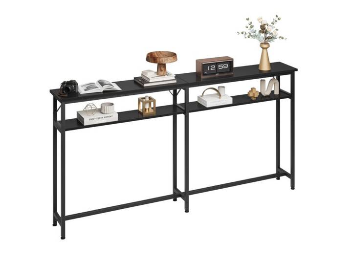 Table Console Étroite 180x23x100 cm Meuble Entrée à 2 Étages de Rangement Noir