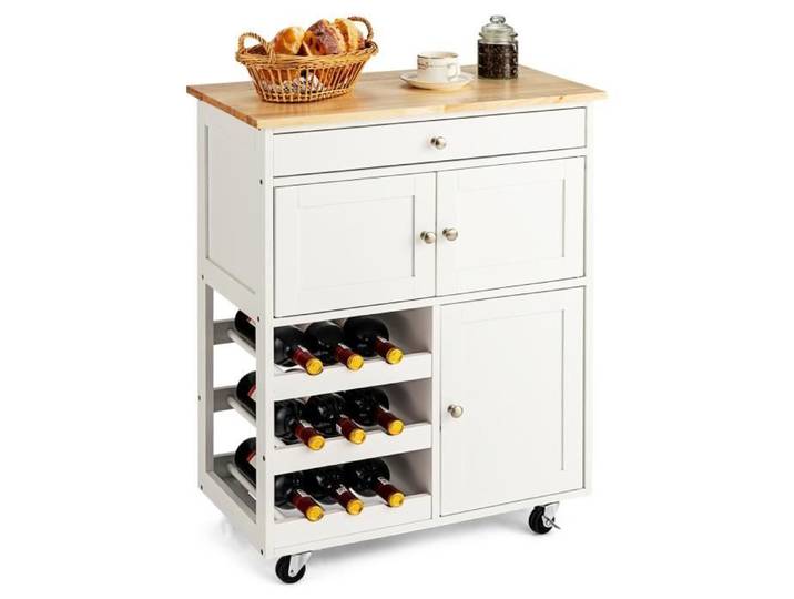 COSTWAY Desserte Cuisine à Roulettes avec Plateau en Bois d'Hévéa Chariot de Cuisine à Service avec Tiroir et Porte-Bouteilles