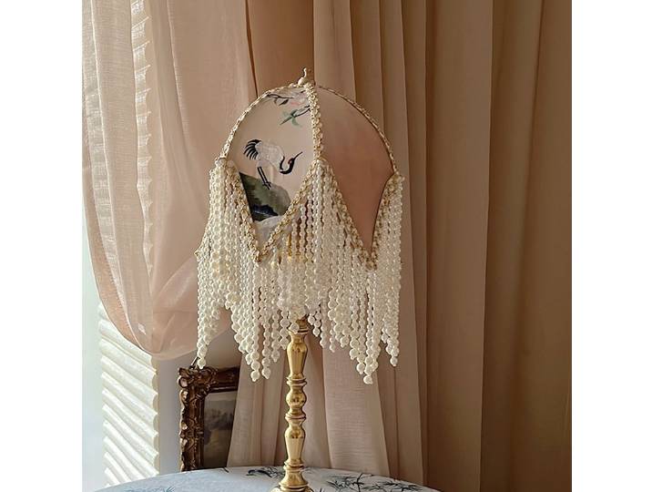 Abat-Jour avec Perles de Luxe Rétro, Grue Alberoise, Jacquard, Couvercle de Lampe Exquis pour Lampe de Table, 20cm, Rose Doux, Décoration Française
