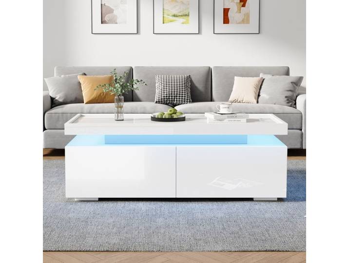 Table Basse LED Blanche Laquée Moderne avec 2 Tiroirs Table de Salon Minimaliste avec Rangement 95x45x35 cm