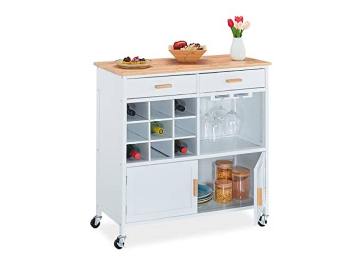Relaxdays Chariot de Cuisine\, îlot de Cuisine\, Mobile\, étagère à vin\, Surface de Travail\, HxLxP : 88\,5x86x41cm\, Blanc