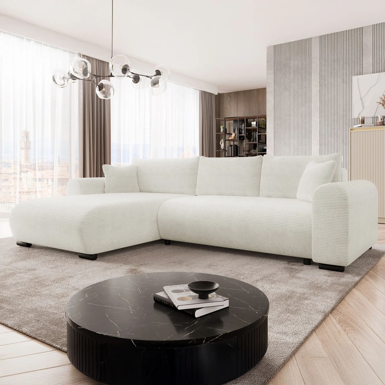 garneroarredamenti Divano letto angolare reversibile 4 posti 285x188cm con contenitore a trama spessa bianco Soft