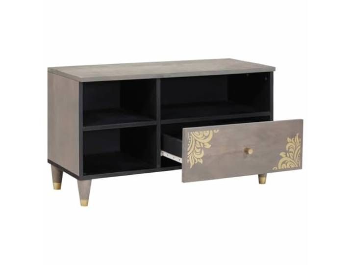 SKTQYQO TV-Schrank Grau 80 x 33 x 46 cm aus massivem Mangoholz Messingknöpfe, Schublade, Regal, Goldsiebdruck, nur für den Innenbereich, Montage erforderlich