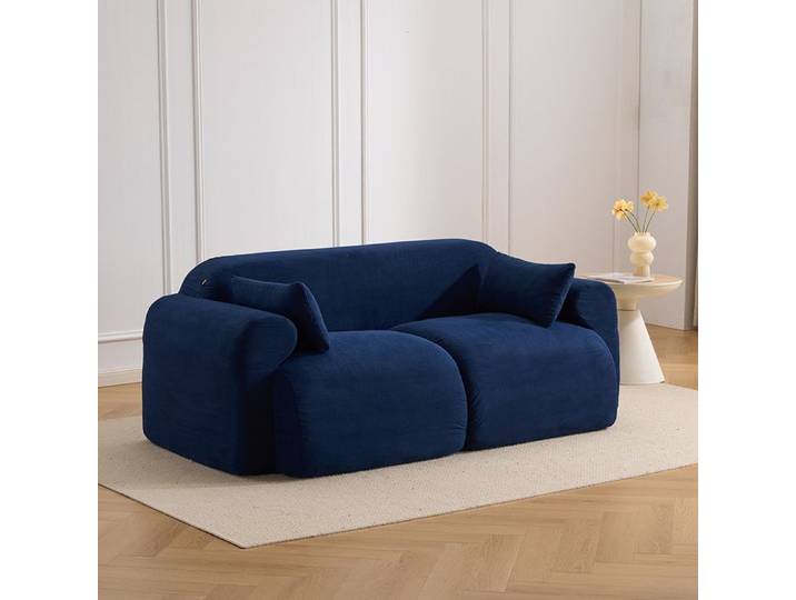 Canapé compressé 2 places EVRYAE 186 x 95 x 76 cm velours côtelé bleu foncé formes arrondies