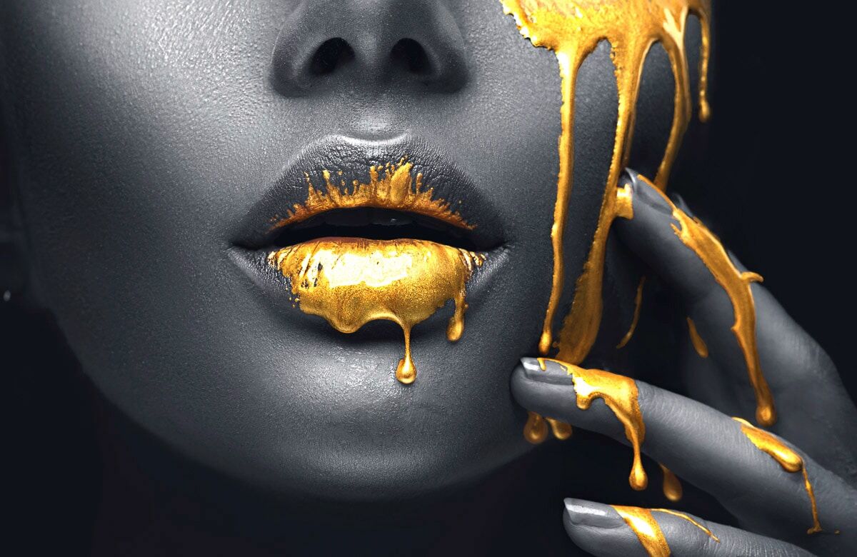 Fototapete PAPERMOON "GOLDENE LIPPEN-SCHMUCK ART DESIGN ABSTRAKT MUSTER KUNST", bunt, B:2m L:1,49m, Vlies, Tapeten, Fototapete bunt B/L: 2m x 1,49m, Bahnen: 4 Stk.