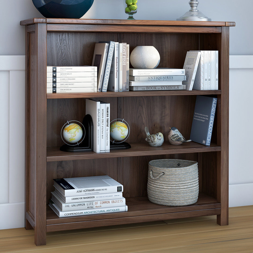 Union Rustic Somerville 3-Shelf Low Wide Bookcase, Adjustable Shelves   Deep Rustic Brown Lacquer Brown 90cm H X 90cm W X 30cm D