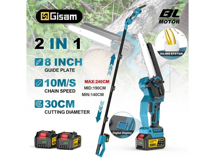 Scie à chaîne électrique télescopique sans balais 2-en-1 Gisam, outil de jardinage sans fil pour l'élagage des hautes branches, compatible avec batterie Makita 18V