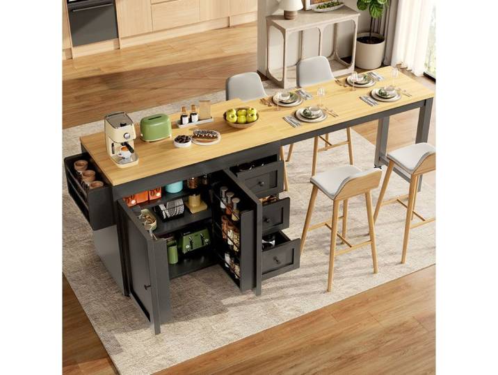 WOVREO Îlot central de cuisine extensible 116-179 5 cm 3 tiroirs portes roulettes noir
