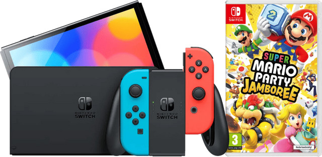 Nintendo Switch OLED Blauw Rood met Mario Party Jamboree