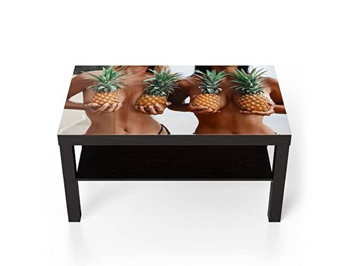 DEQORI Glastisch schwarz groß 90x50 cm Motiv Ananas bedeckte Brüste ausgefallener Beistelltisch aus Glas Hochglanz Couchtisch fürs Wohnzimmer moderner Couch Tisch mit Design
