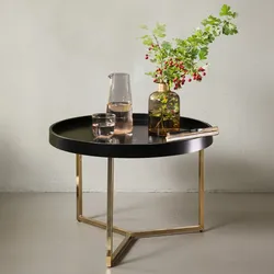 KADIMA DESIGN Sofatisch LIA Rund: Retro Stil, Metallgestell, abnehmbares Tablett, Anti-Rutsch-Noppen, Gold/Schwarz oder Kupfer/Weiß.