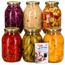 6er Set Einmachglas 3L Vorratsglas TO100 Deckel gold Rezeptheft Einkochen