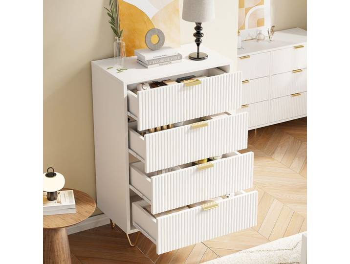 Commode 4 Tiroirs Commode Chambre/Bureau/Salon Meuble de Rangement Commode Bois Moderne Style Blanc