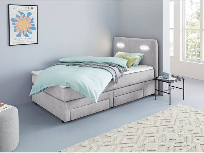 Boxbett, Polyester, Grau Platinum, 127×211 cm, Mit Schubkästen & LED-Beleuchtung, Modern, Inosign