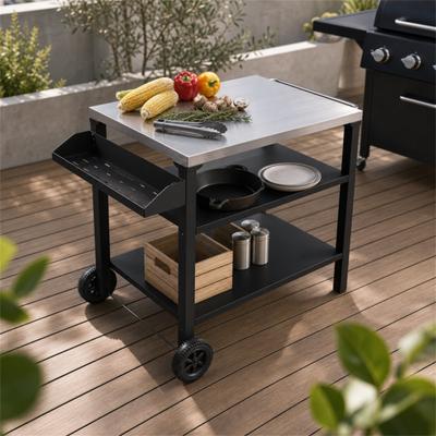 DEVERA Movable 3-Tier Grill Cart & Prep Station, All-in-One Outdoor Serving Bar Cart with Stainless Steel Work Surface
