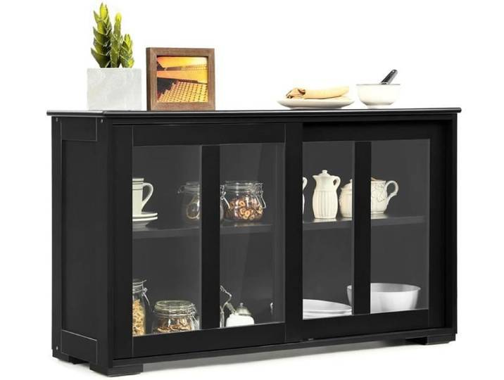 GIANTEX Buffet de Cuisine avec 2 Portes Coulissantes en Verre Trempé+ Étagère Réglable Vaisselier/Meuble de Rangement Cuisine Noir