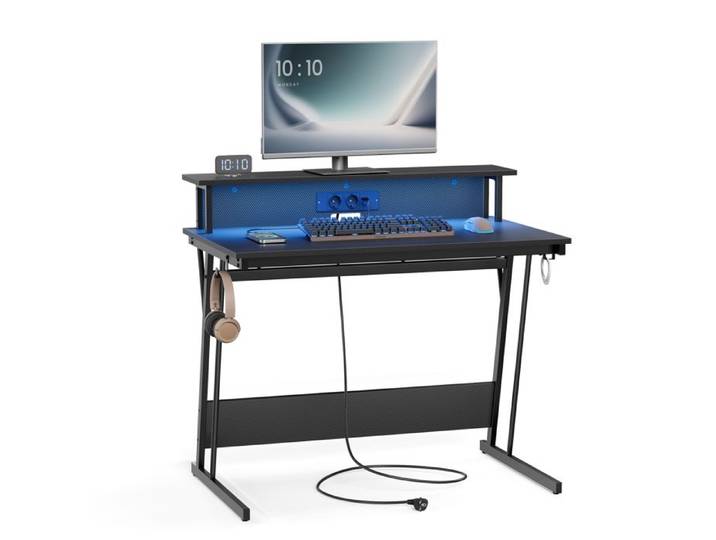 Bureau Gaming - VASAGLE - Noir Carbone - LED - Rehausseur d'Écran - 60x100x76cm