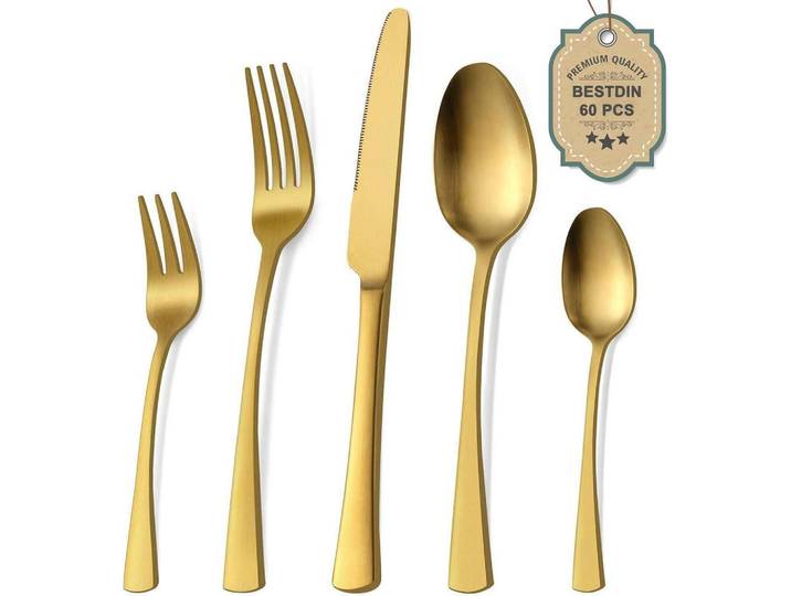 Besteckset 60-teilig Matt Gold, Goldfarben, Metall, Besteck, Besteck-Sets