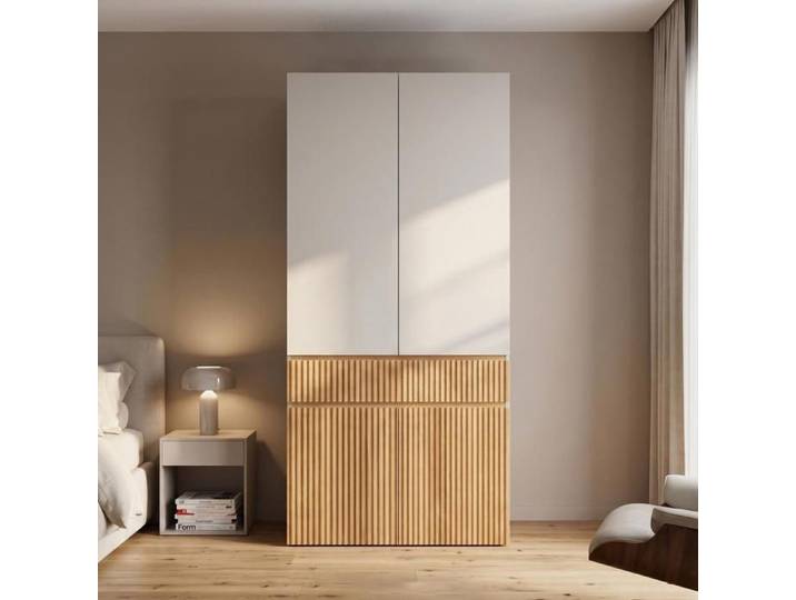 Armoire haute moderne Armoire à portes battantes 90x50x200cm Avec 1 tringle à vêtements 1 tiroir + 4 portes pour Chambre chêne clair