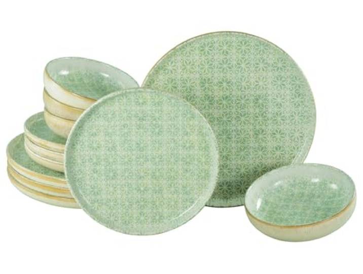 CreaTable\, 24085\, Série Uno Emiliana Vert\, service de vaisselle 12 pièces\, ensemble d’assiettes en grès\, compatible lave-vaisselle et micro-ondes\, production de qualité.