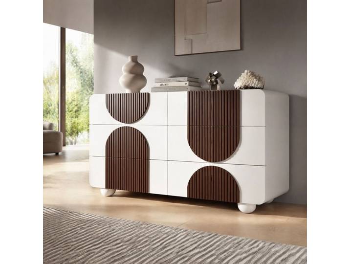 Buffet bas VUENOR 121x41x71 cm blanc – 6 tiroirs silencieux design arrondi