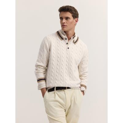 Poloshirt BUGATTI "Regular Fit", Herren, Gr. M, 20, ecru, 80% Wolle, 20% Polyamid, Zopfmuster, regular fit, ohne Ausschnitt, Shirts, Regular Fit Wollmix Zopfmuster