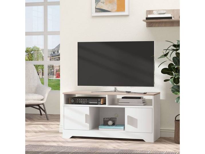 MEUBLE TV - PAGE LIVING - PAGE Living - Blanc - 105x52x40 cm - 2 ouverts + 2 portes cache câbles