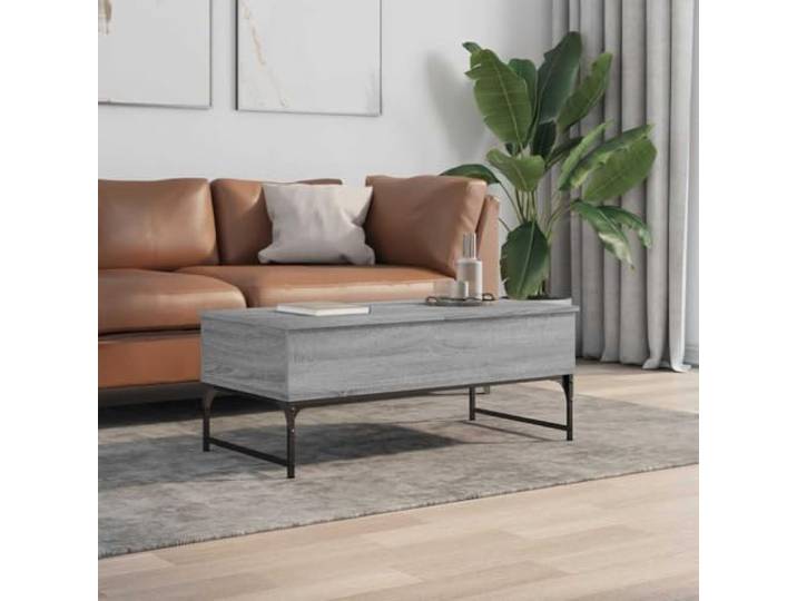 KTHLBRH Couchtisch Sonoma grau 100 x 50 x 40 cm mehrschichtiges Metall 2 versteckte Fächer, 4 verstellbare Füße, Gestell aus Metall, Montage erforderlich