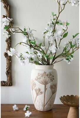 Kodotan sofa "7.9x7.9x13.8"" White Ceramic Cylinder Vase with Brown Botanical Design"