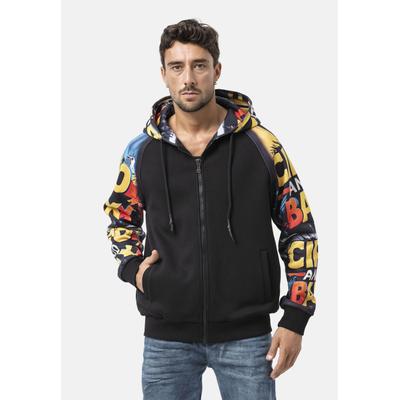 Strickjacke CIPO & BAXX "CL589", Herren, Gr. XXL, bunt (schwarz), Feinstrick, 70% Baumwolle, 30% Polyester, bedruckt, regular fit, Rundhals, Raglanärmel Rippbündchen, Strickjacken Strickjacke, mit knalligen Comic-Grafiken auf den Ärmeln