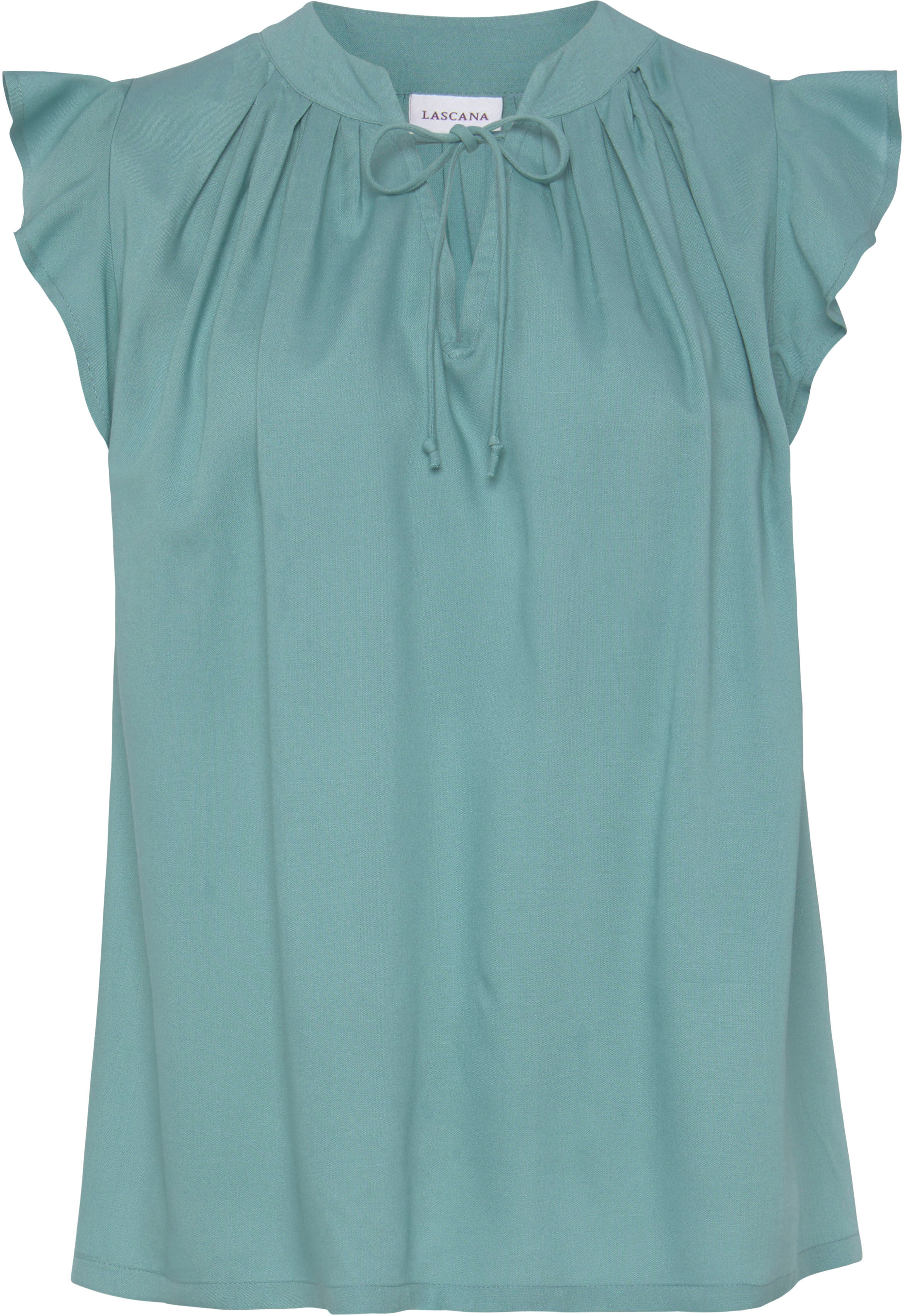 Schlupfbluse LASCANA "mit kurzen Rüschenärmeln", Damen, Gr. 34, blau, Web, Obermaterial: 100% Viskose, unifarben, figurumspielend hüftlang, V-Ausschnitt, Blusen Schlupfbluse, elegante Kurzarmbluse, Blusenshirt, lockere Passform, festlich blau 34