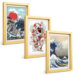 BILDER SET 3er Set - 20x30 cm Goldrahmen - Berge von Fischen Große Welle Japan
