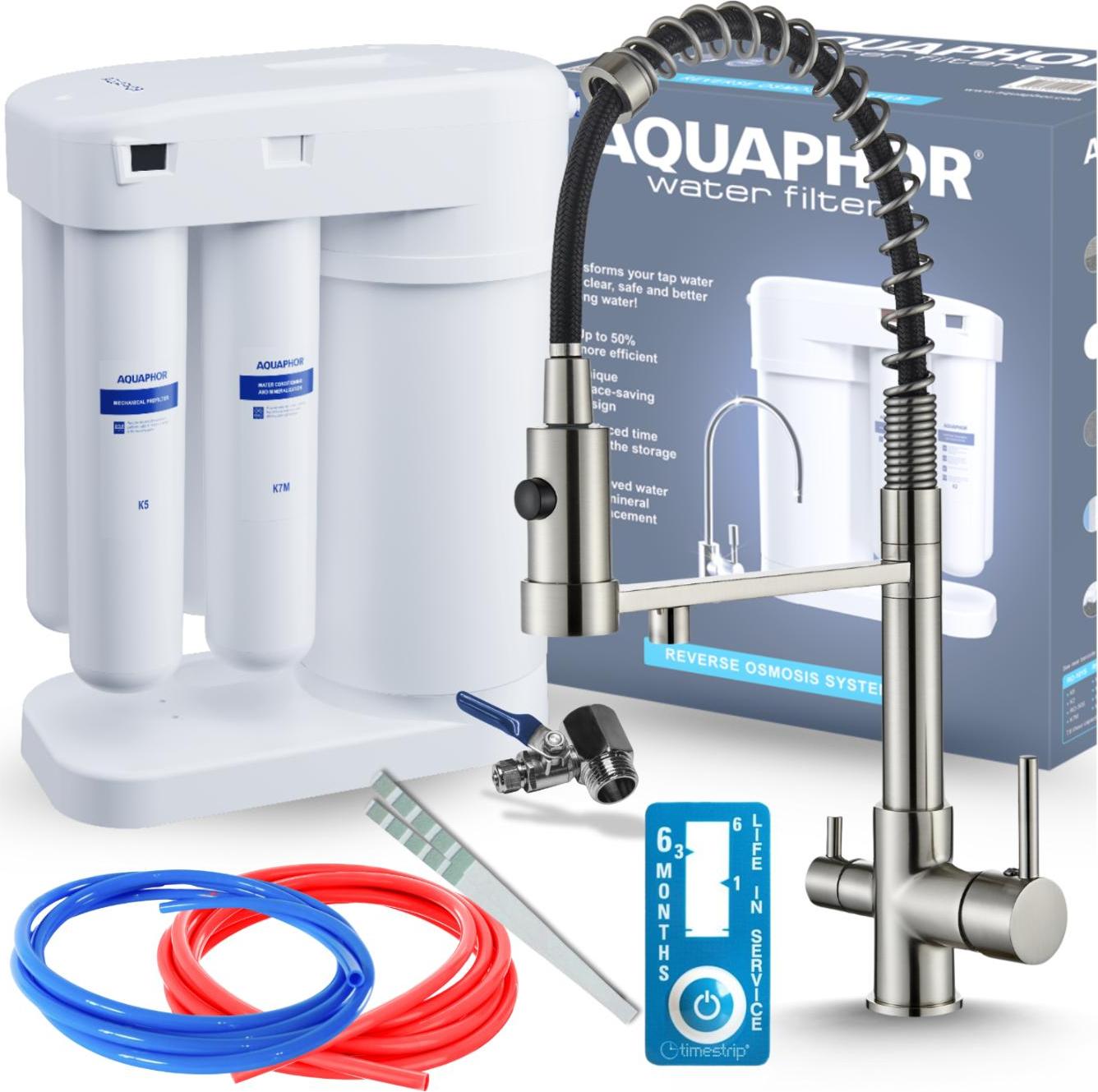 Wasserfilter Set Morion mit 3-Wege Küchenarmatur Ari, Umkehrosmose, 360° schwenkbar, ausziehbare Brause, Inox